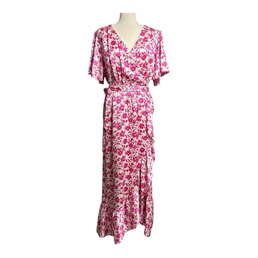 Draper James Pink and White Ruffled Maxi Faux Wrap Dress Size XL II0662 - Picture 2 of 10